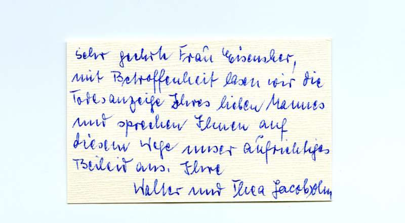 Condolence card to Luba Eisenscher from Dorothea Jacobsohn<br><br>